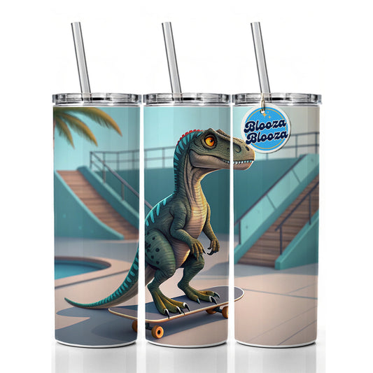 Skateboarding Raptor Dinosaur Funny Skinny Tumbler 20oz with Straw Insulated Water Bottle Gift
