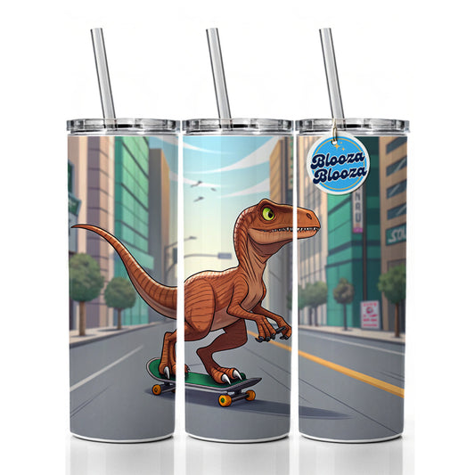 Skateboarding Raptor Dinosaur Skinny Tumbler 20oz with Straw Insulated Water Bottle Gift