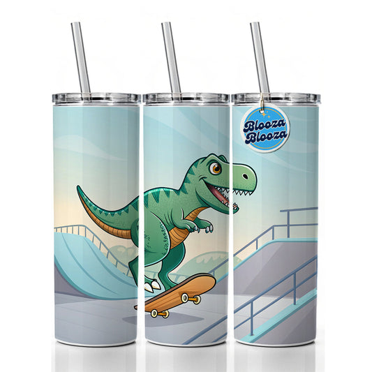 Skateboarding Tyrannosaurus Rex Dinosaur Cute Skinny Tumbler 20oz with Straw Insulated Water Bottle Gift