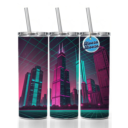 Skyscrapers Buildings Lit Pink Teal Skinny Tumbler 20oz with Straw Insulated Water Bottle Gift