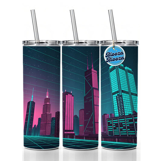Skyscrapers Lit Pink Teal Glitch Effects Skinny Tumbler 20oz with Straw Insulated Water Bottle Gift
