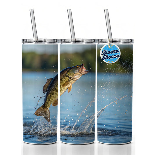 Smallmouth Bass Fish Jumping Fishing Skinny Tumbler 20oz with Straw Insulated Water Bottle Gift