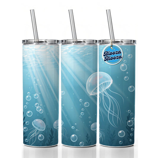 Soft Blue Tones Floating Jellyfish Bubbles Ocean Skinny Tumbler 20oz with Straw Insulated Water Bottle Gift