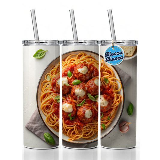 Spaghetti And Meatballs Top Down View Pasta Skinny Tumbler 20oz with Straw Insulated Water Bottle Gift