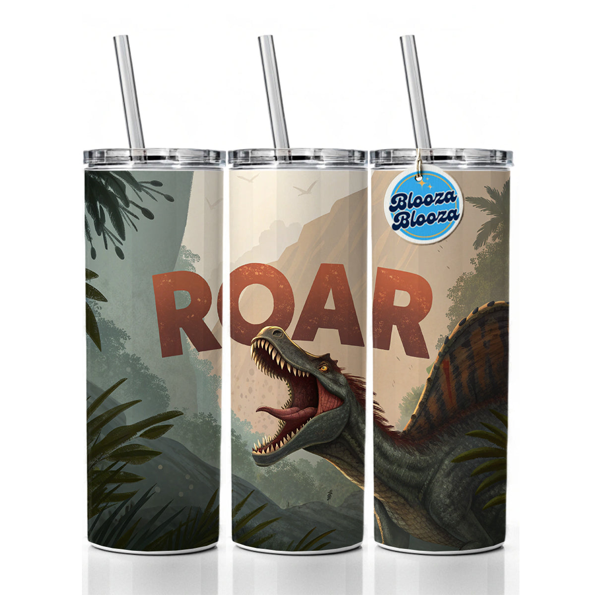 Spinosaurus Roar Bold Text Dinosaur Skinny Tumbler 20oz with Straw Insulated Water Bottle Gift