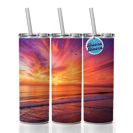 Sunrise Sunset Over The Ocean Beach Skinny Tumbler 20oz with Straw Insulated Water Bottle Gift