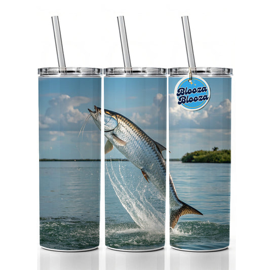 Tarpon Fish Jumping Fishing Skinny Tumbler 20oz with Straw Insulated Water Bottle Gift