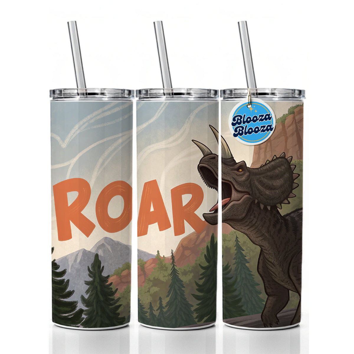 Triceratops Roar Bold Dinosaur Skinny Tumbler 20oz with Straw Insulated Water Bottle Gift