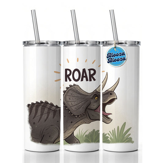 Triceratops Roar Dinosaur Skinny Tumbler 20oz with Straw Insulated Water Bottle Gift