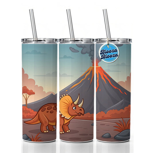 Triceratops Volcano Dinosaur Skinny Tumbler 20oz with Straw Insulated Water Bottle Gift