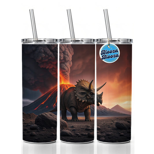 Triceratops Volcano Erupting Dinosaur Skinny Tumbler 20oz with Straw Insulated Water Bottle Gift