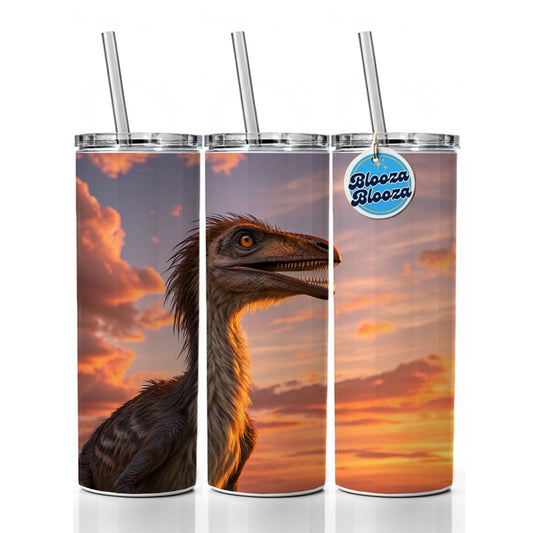 Troodon Sunset Dinosaur Skinny Tumbler 20oz with Straw Insulated Water Bottle Gift