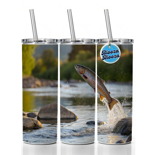 Trout Fish Jumping Fishing Skinny Tumbler 20oz with Straw Insulated Water Bottle Gift