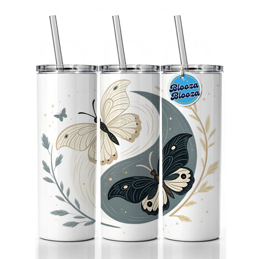 Two Butterflies Yin Yang Skinny Tumbler 20oz with Straw Insulated Water Bottle Gift