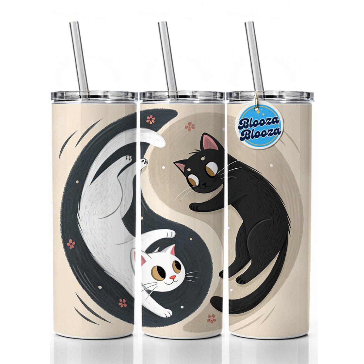 Two Cats Yin Yang Black White Skinny Tumbler 20oz with Straw Insulated Water Bottle Gift