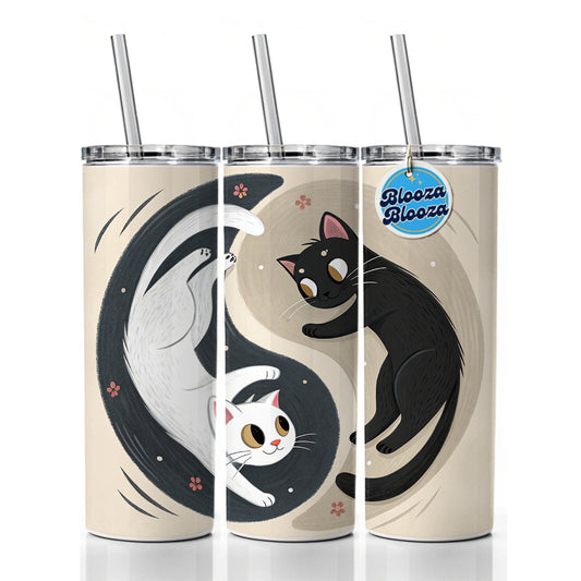 Two Cats Yin Yang Black White Skinny Tumbler 20oz with Straw Insulated Water Bottle Gift