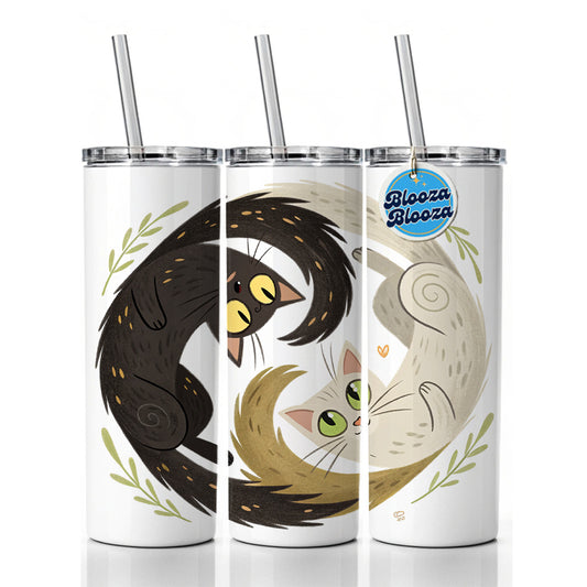 Two Cats Yin Yang Skinny Tumbler 20oz with Straw Insulated Water Bottle Gift