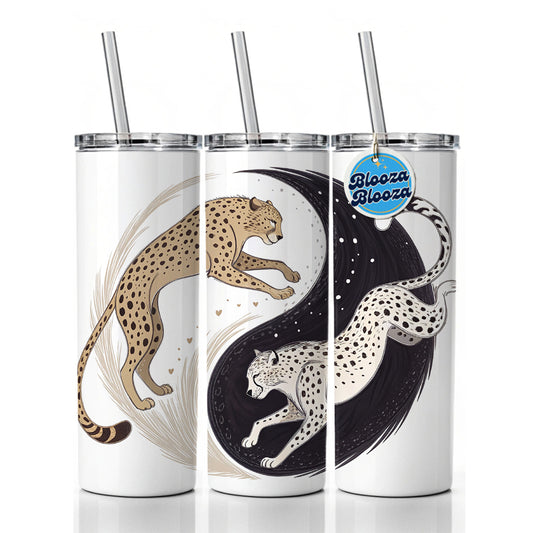 Two Cheetahs Yin Yang Skinny Tumbler 20oz with Straw Insulated Water Bottle Gift
