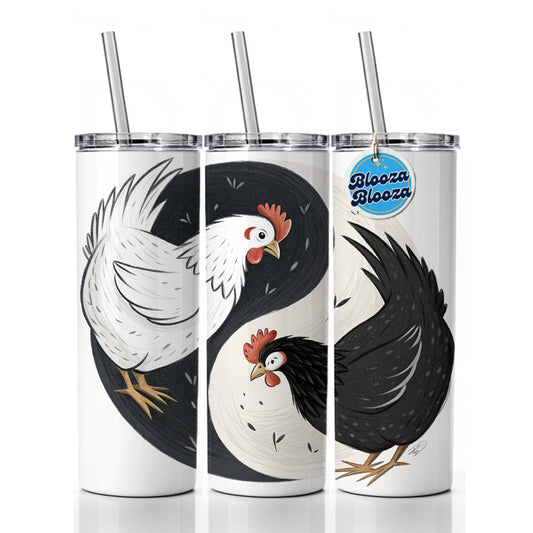 Two Chickens Yin Yang White Black Skinny Tumbler 20oz with Straw Insulated Water Bottle Gift