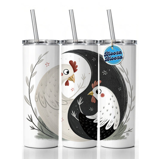 Two Chickens Yin Yang Skinny Tumbler 20oz with Straw Insulated Water Bottle Gift