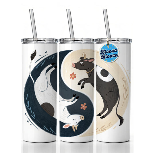 Two Cows Yin Yang Illustration Skinny Tumbler 20oz with Straw Insulated Water Bottle Gift
