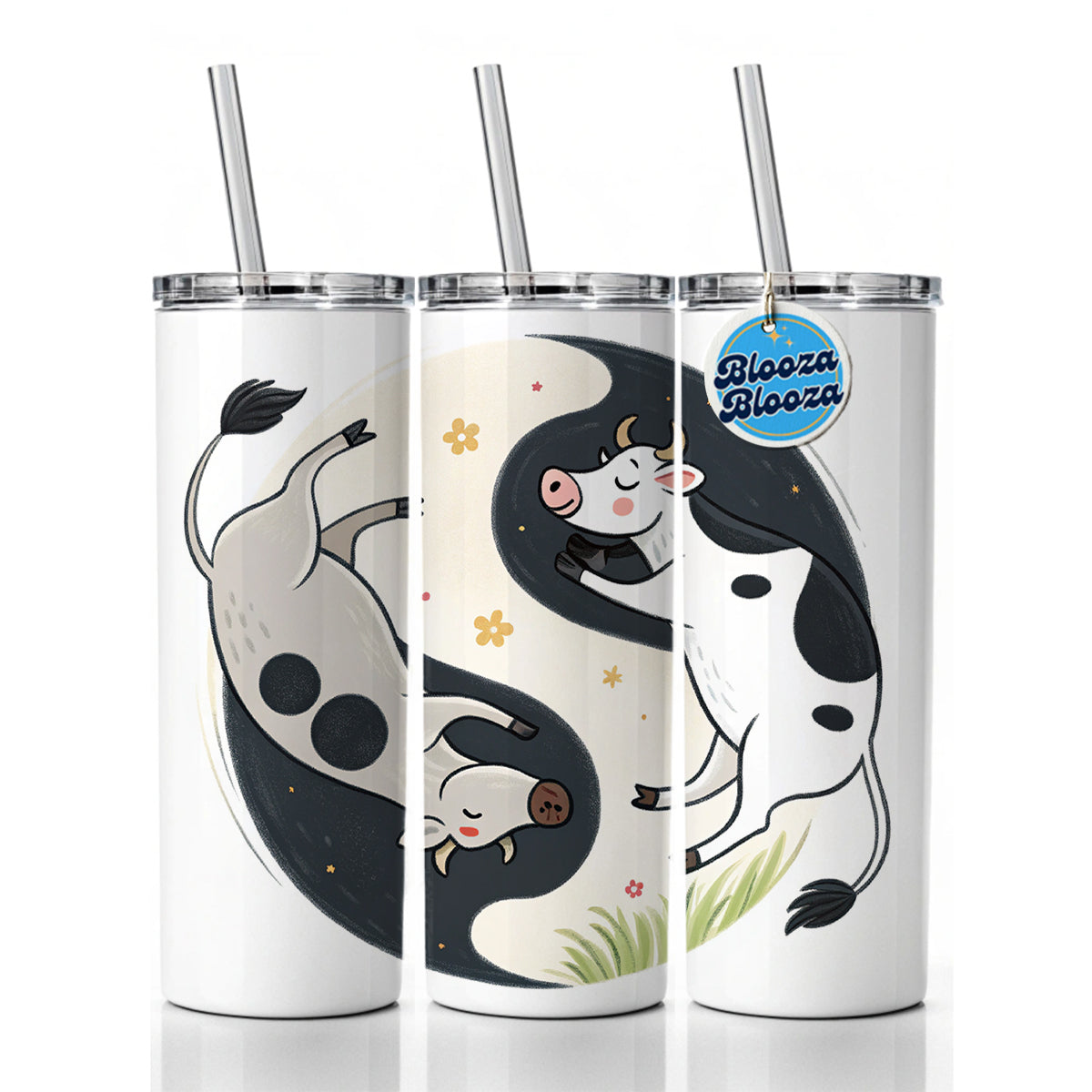 Two Cows Yin Yang Skinny Tumbler 20oz with Straw Insulated Water Bottle Gift