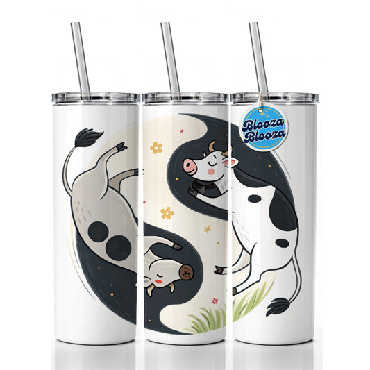 Two Cows Yin Yang Skinny Tumbler 20oz with Straw Insulated Water Bottle Gift