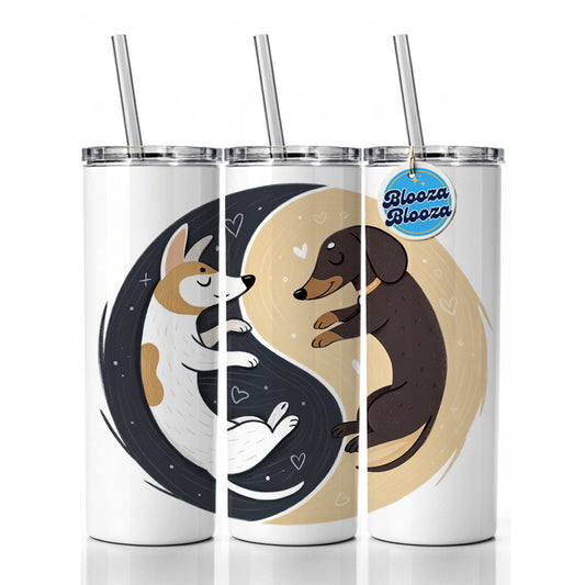 Two Dogs Yin Yang Illustration Skinny Tumbler 20oz with Straw Insulated Water Bottle Gift