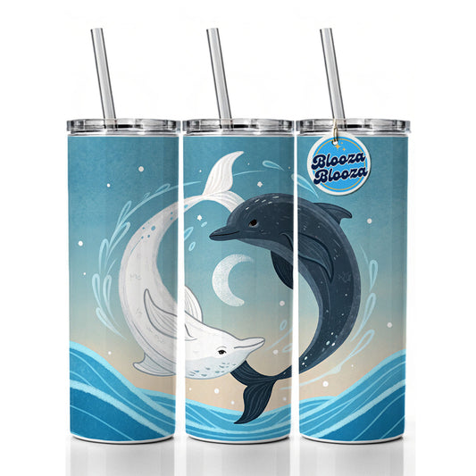 Two Dolphins Yin Yang Dark Light Skinny Tumbler 20oz with Straw Insulated Water Bottle Gift
