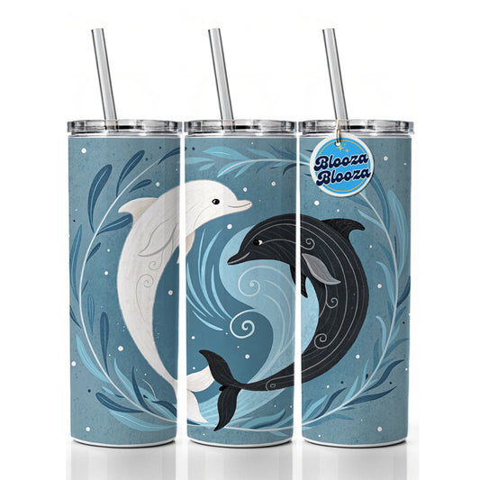 Two Dolphins Yin Yang Skinny Tumbler 20oz with Straw Insulated Water Bottle Gift
