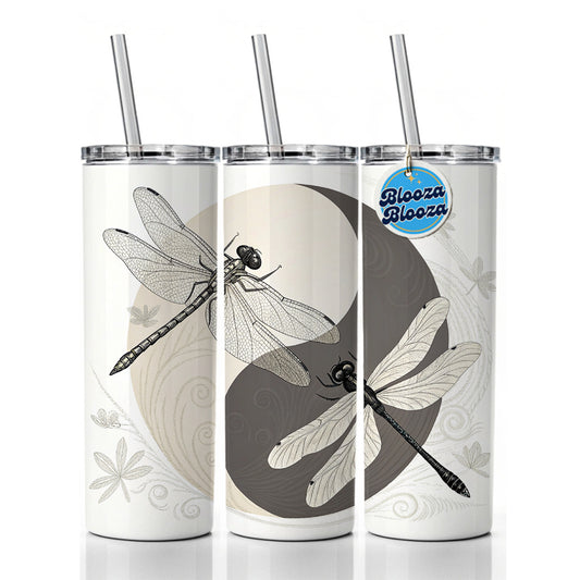 Two Dragonflies Yin Yang Skinny Tumbler 20oz with Straw Insulated Water Bottle Gift