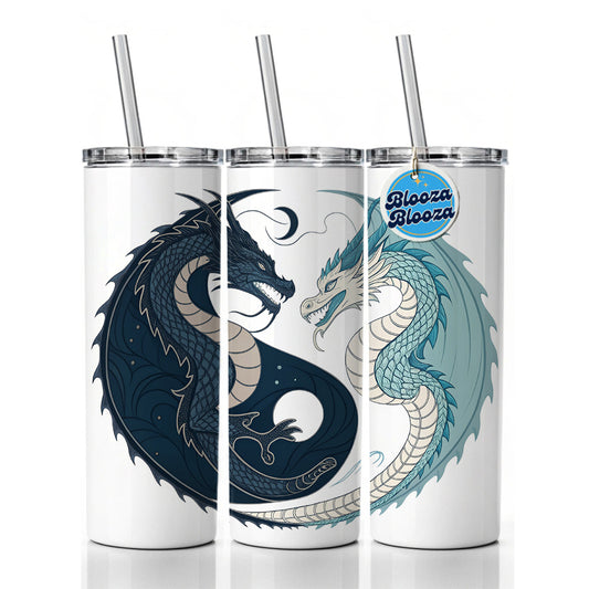 Two Dragons Yin Yang Dark Light Skinny Tumbler 20oz with Straw Insulated Water Bottle Gift