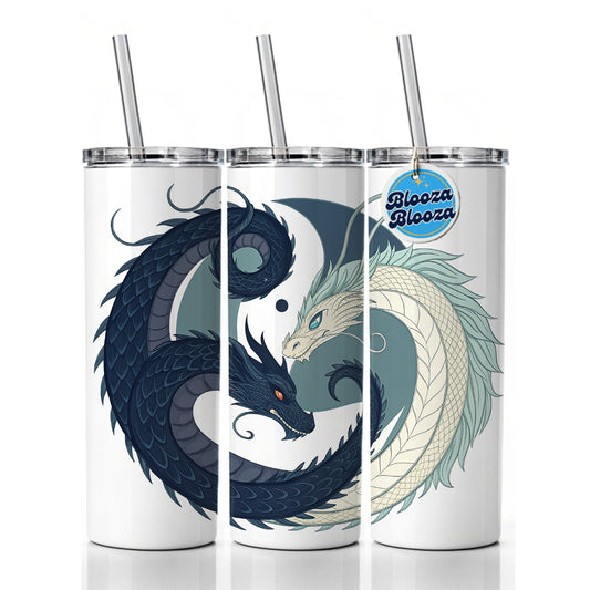 Two Dragons Yin Yang Skinny Tumbler 20oz with Straw Insulated Water Bottle Gift