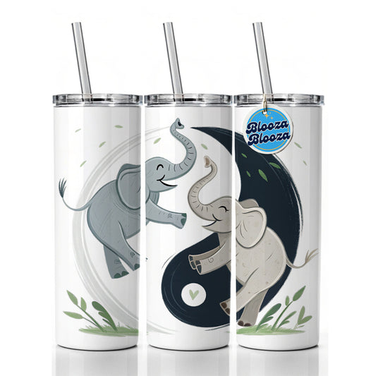 Two Elephants Yin Yang Cute Skinny Tumbler 20oz with Straw Insulated Water Bottle Gift
