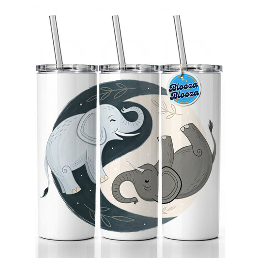 Two Elephants Yin Yang Skinny Tumbler 20oz with Straw Insulated Water Bottle Gift