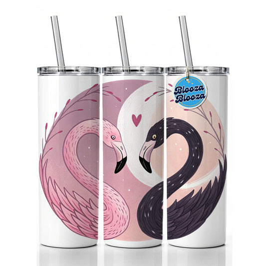 Two Flamingos Yin Yang Pink Black Skinny Tumbler 20oz with Straw Insulated Water Bottle Gift