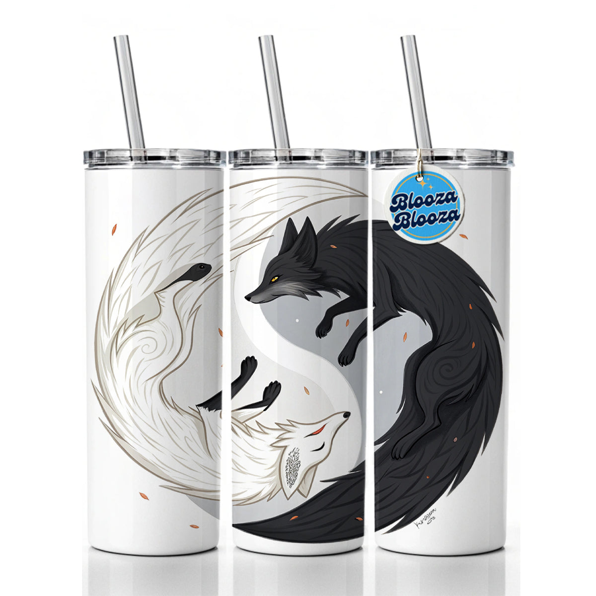 Two Foxes Yin Yang Black White Skinny Tumbler 20oz with Straw Insulated Water Bottle Gift