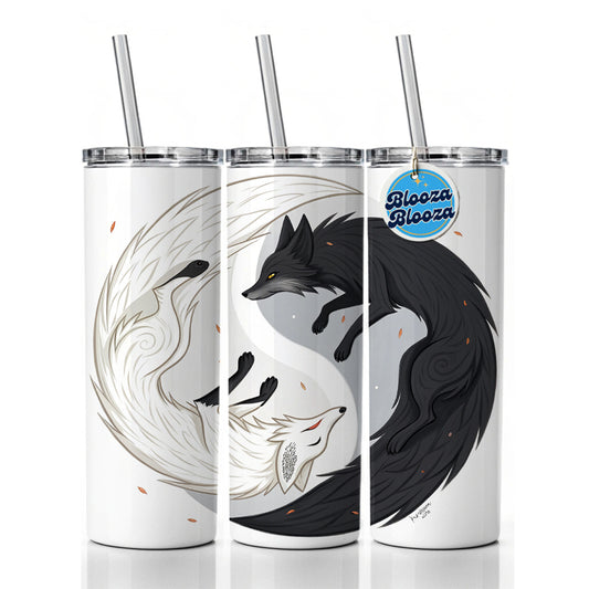Two Foxes Yin Yang Black White Skinny Tumbler 20oz with Straw Insulated Water Bottle Gift