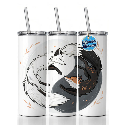 Two Foxes Yin Yang Skinny Tumbler 20oz with Straw Insulated Water Bottle Gift