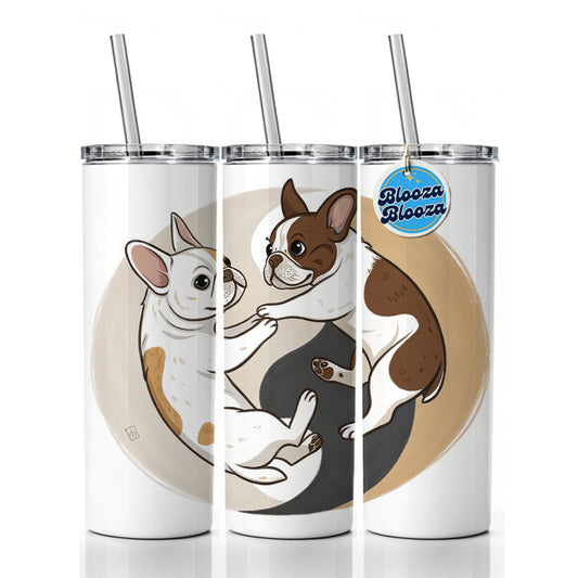 Two French Bulldogs Yin Yang Skinny Tumbler 20oz with Straw Insulated Water Bottle Gift