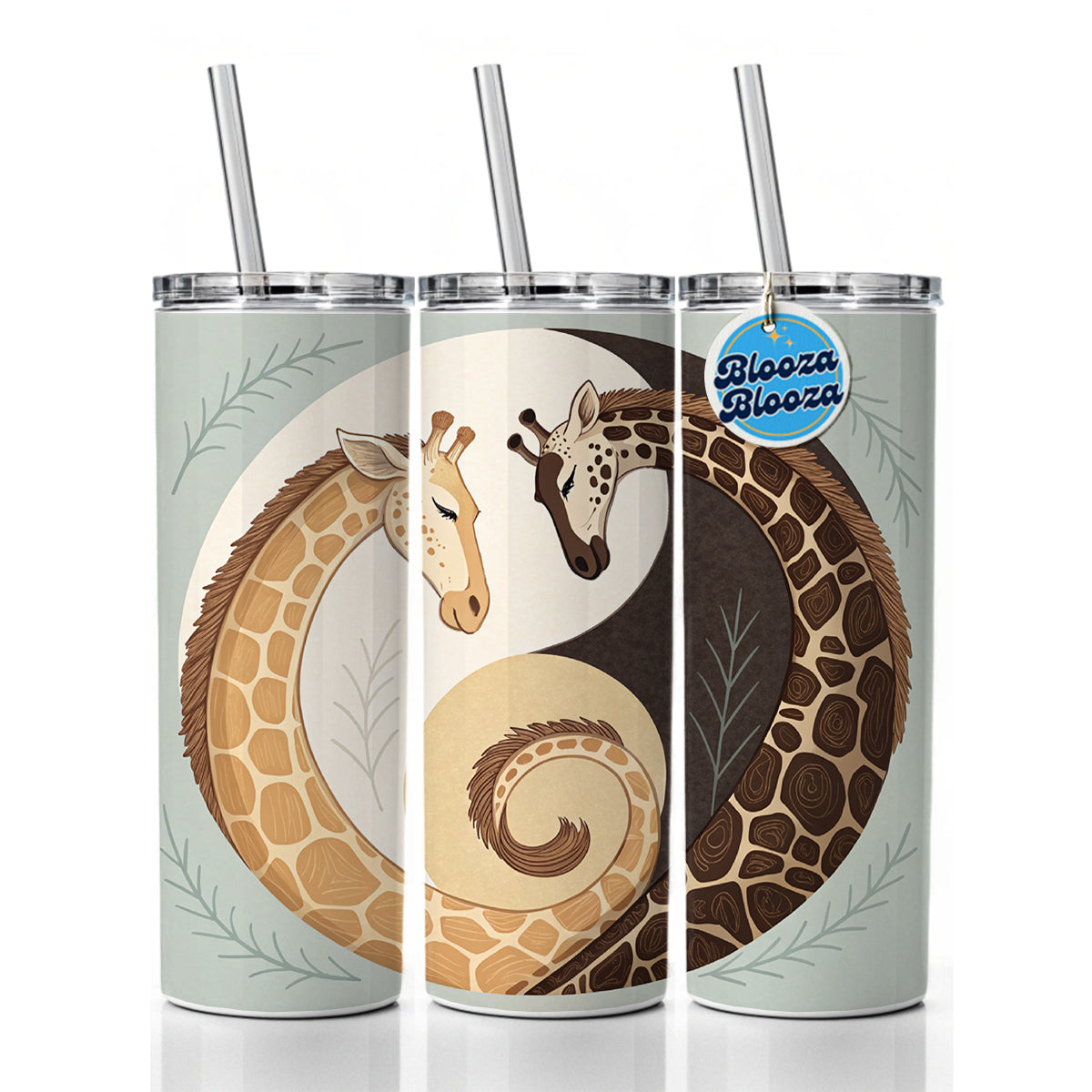 Two Giraffes Yin Yang Skinny Tumbler 20oz with Straw Insulated Water Bottle Gift