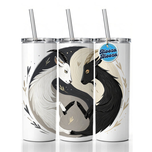 Two Goats Yin Yang White Black Skinny Tumbler 20oz with Straw Insulated Water Bottle Gift