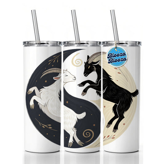 Two Goats Yin Yang Skinny Tumbler 20oz with Straw Insulated Water Bottle Gift