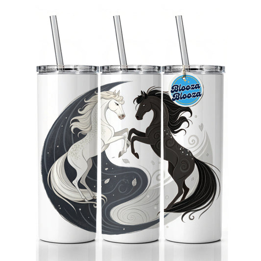 Two Horses Yin Yang Dark Light Skinny Tumbler 20oz with Straw Insulated Water Bottle Gift