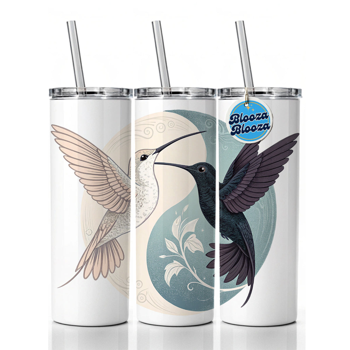 Two Hummingbirds Yin Yang Skinny Tumbler 20oz with Straw Insulated Water Bottle Gift
