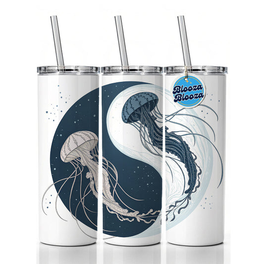 Two Jellyfish Yin Yang Skinny Tumbler 20oz with Straw Insulated Water Bottle Gift