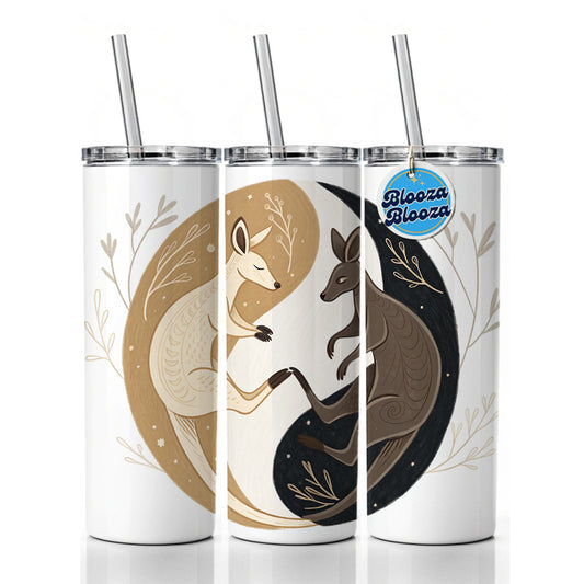 Two Kangaroos Yin Yang Dark Light Skinny Tumbler 20oz with Straw Insulated Water Bottle Gift