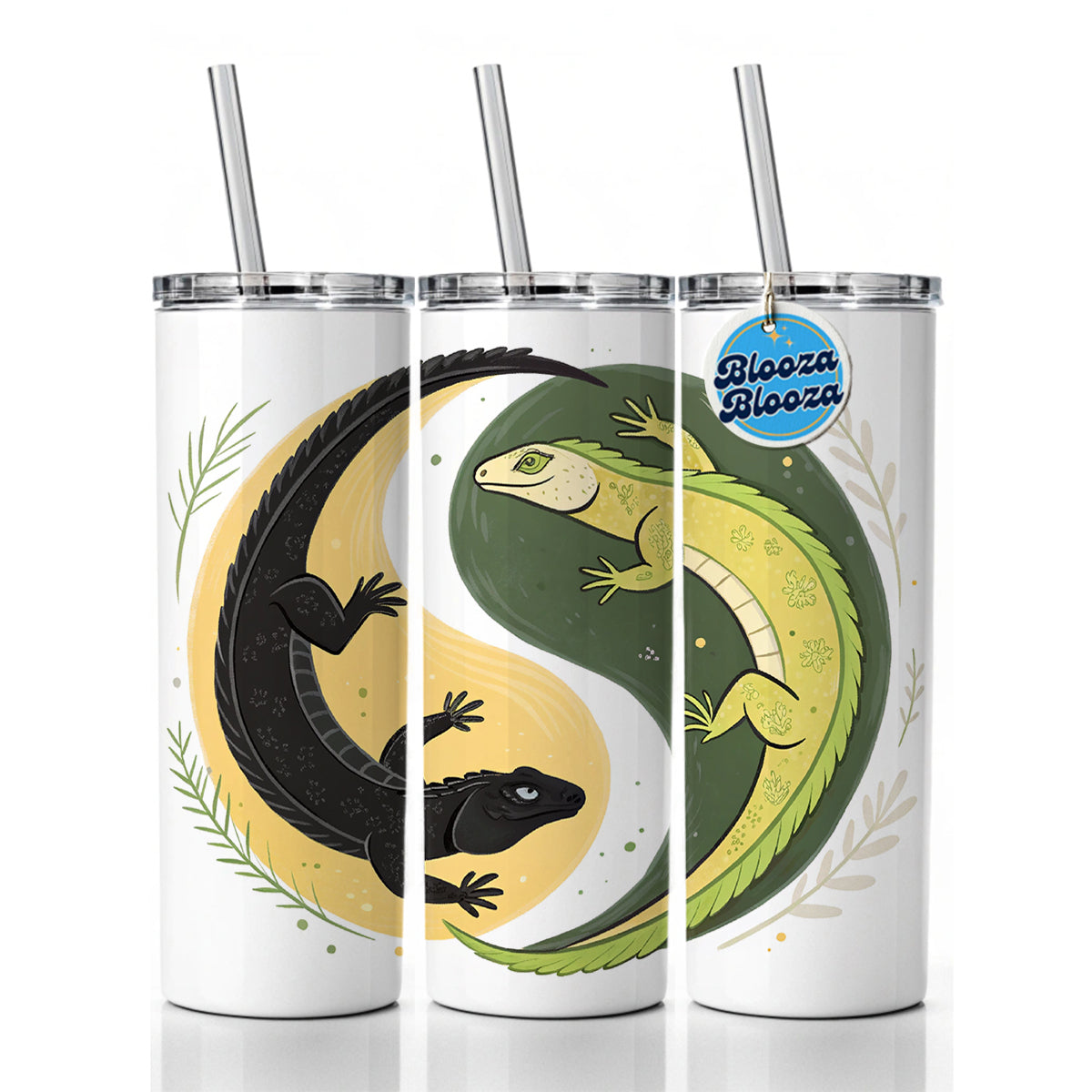 Two Komodo Dragons Yin Yang Skinny Tumbler 20oz with Straw Insulated Water Bottle Gift