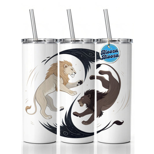 Two Lions Yin Yang Dark Light Skinny Tumbler 20oz with Straw Insulated Water Bottle Gift
