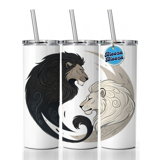 Two Lions Yin Yang Skinny Tumbler 20oz with Straw Insulated Water Bottle Gift